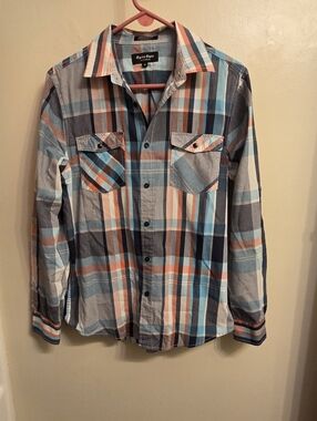 Blue and Orange Plaid Button Down Shirt. Grandpa Style Mens Medium. Cowboy